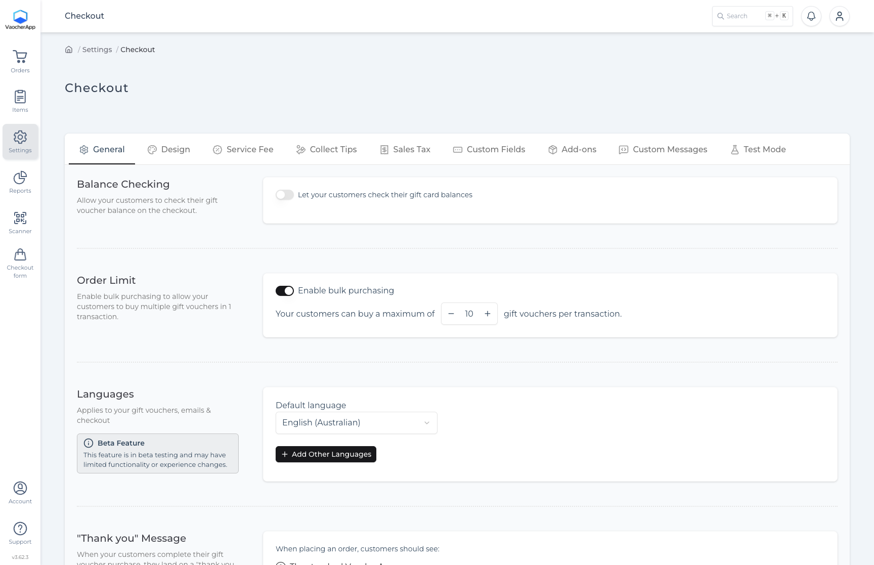 Checkout branding settings in the VaocherApp dashboard