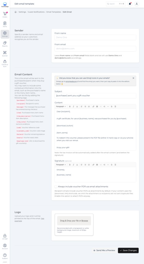 Email template editor with sender details, subject, message content and logo upload