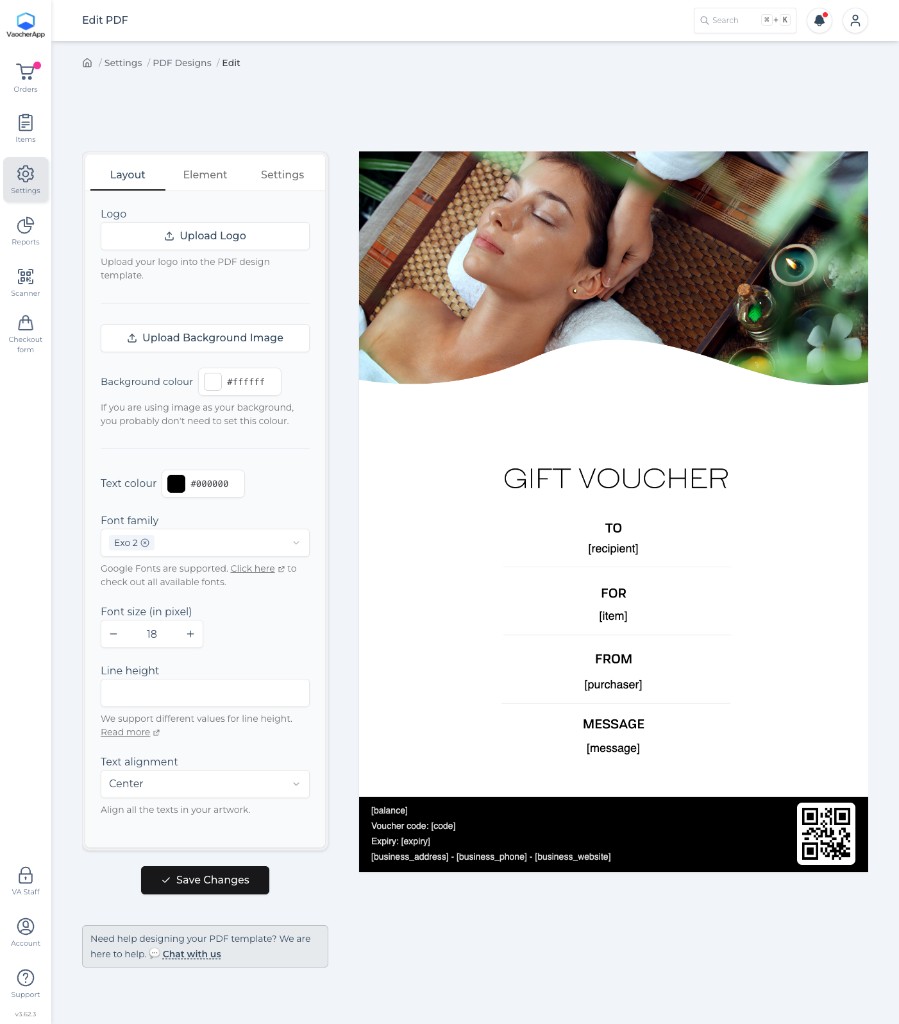 PDF voucher editor with layout controls beside a live gift voucher preview