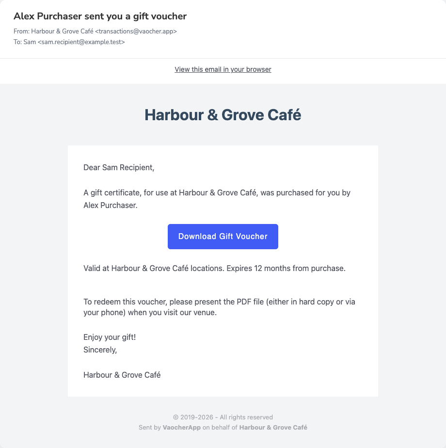 Harbour and Grove Café recipient email with a Download Gift Voucher button