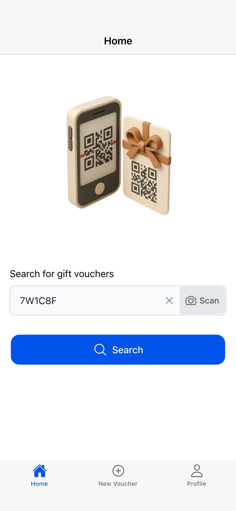VaocherApp mobile app home screen with voucher code 7W1C8F typed into the search field