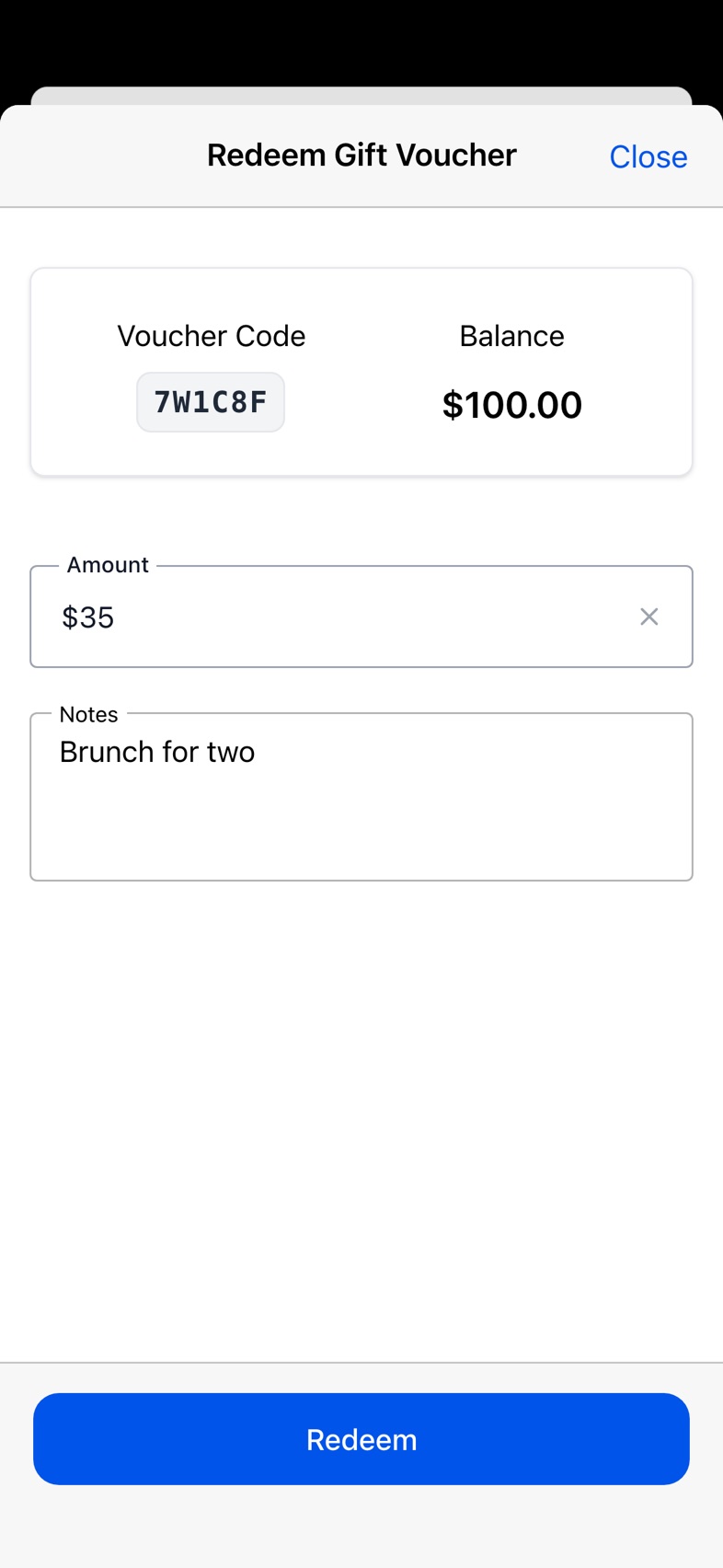 Redeem sheet in the mobile app with $35 entered against a $100 balance and the note “Brunch for two”