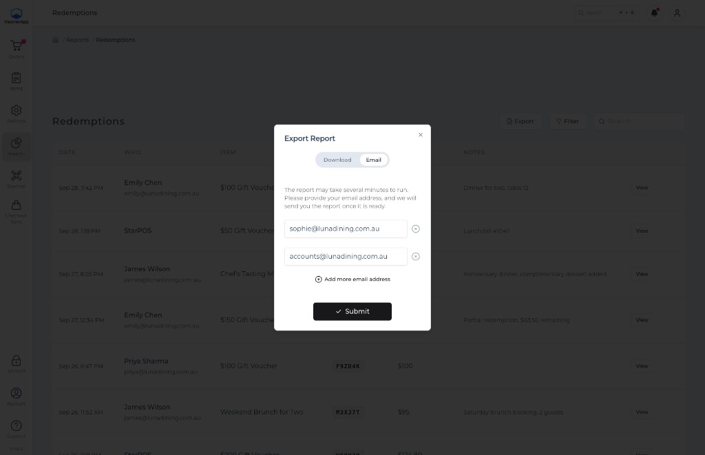 Export report dialog set to email, with recipient addresses over a redemptions table