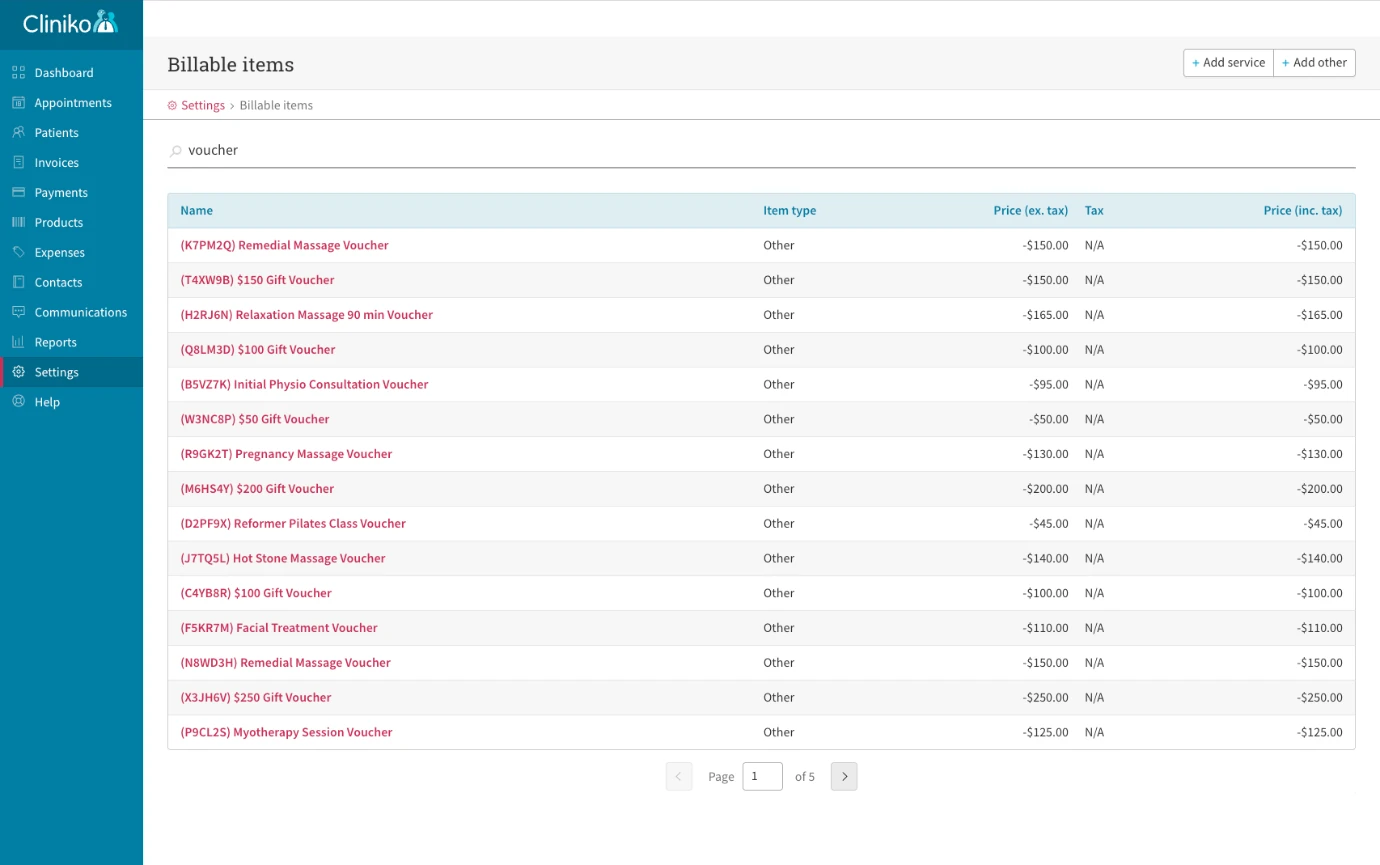 Cliniko's billable items list with gift vouchers sent by VaocherApp, such as a Remedial Massage Voucher, each named with its voucher code and priced at minus its value