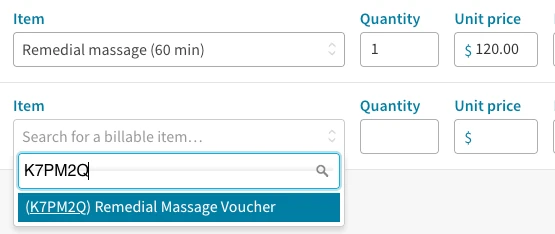 Cliniko's Item search finding (K7PM2Q) Remedial Massage Voucher