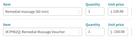 Invoice lines: the remedial massage at $120 and the voucher at minus $150