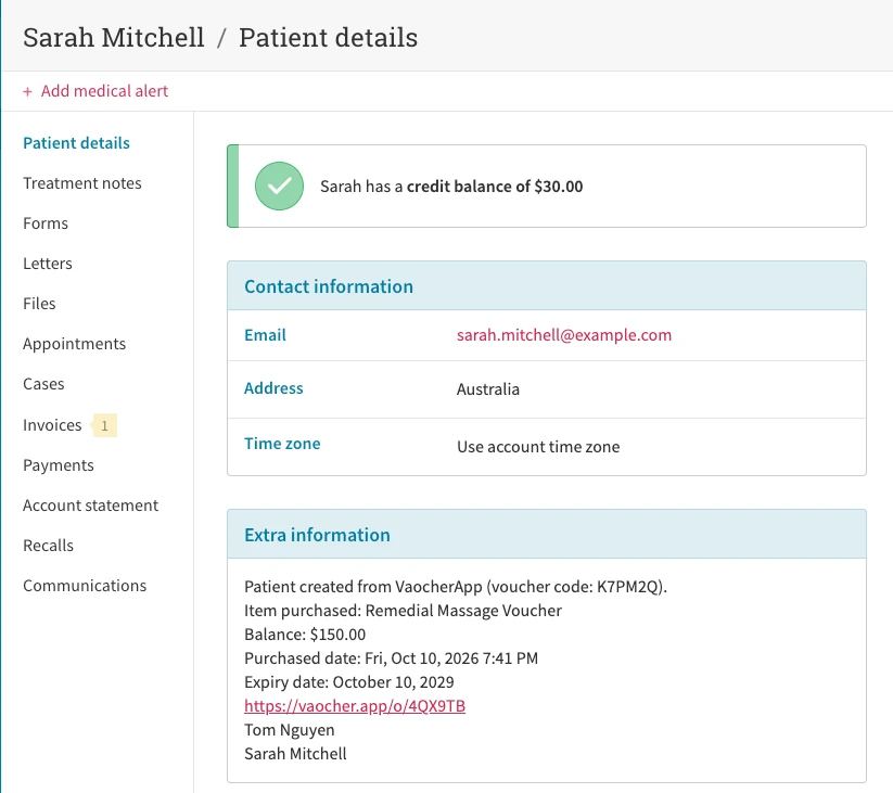 Sarah Mitchell's patient details in Cliniko, created by VaocherApp, with an extra note listing the voucher code, product, balance, purchase and expiry dates, and the order link