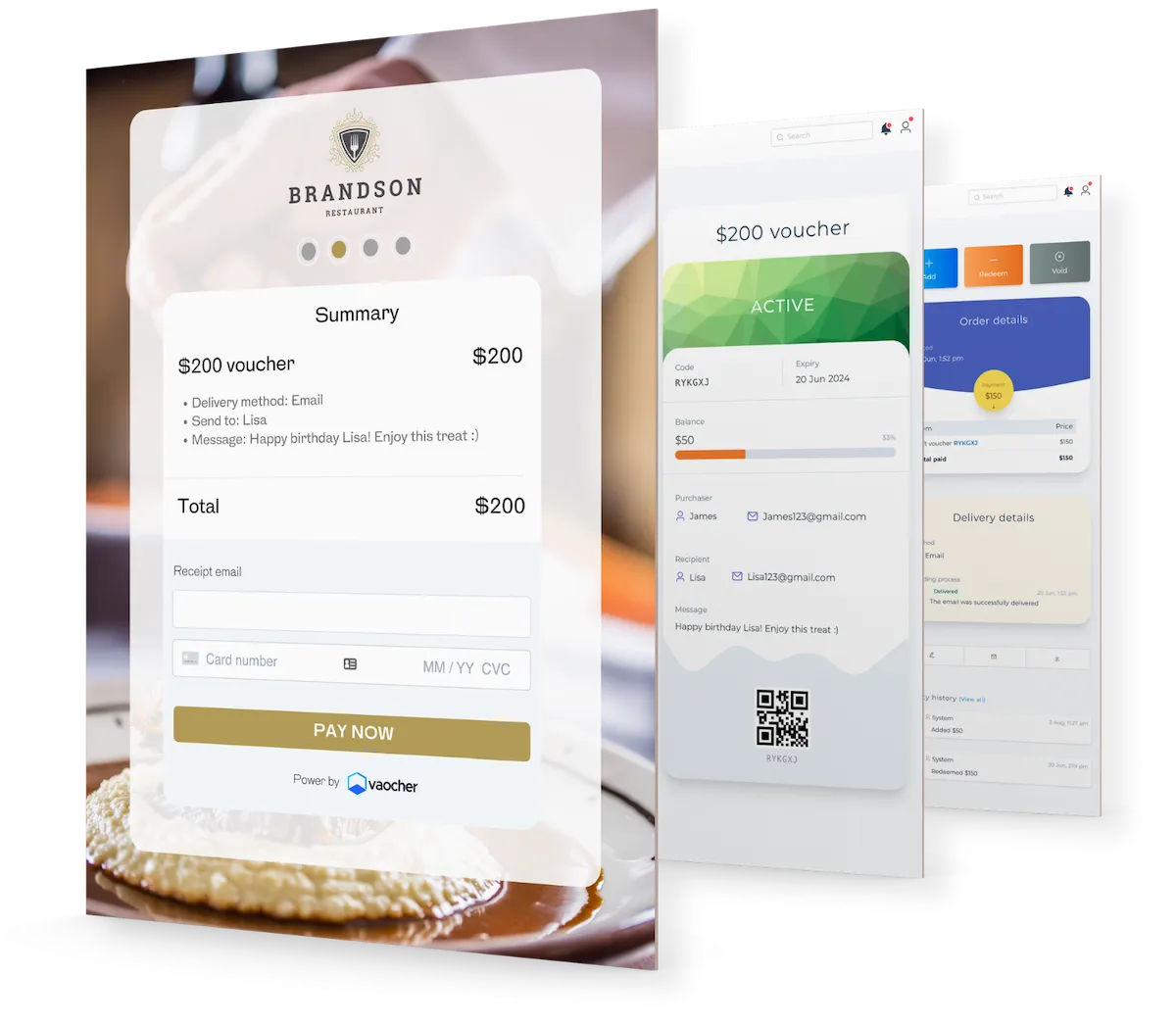VaocherApp example showing a branded restaurant checkout, a gift voucher balance and its order record