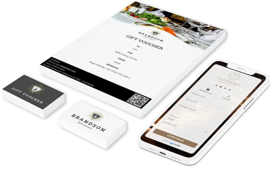 Examples of branded VaocherApp gift vouchers and a mobile checkout with recipient details